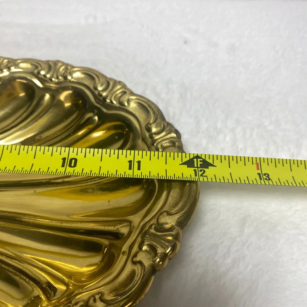 Vintage‎ Gold Tone Ornate Metal Trinket Dish Jewelry Serving Tray Vanity Decor